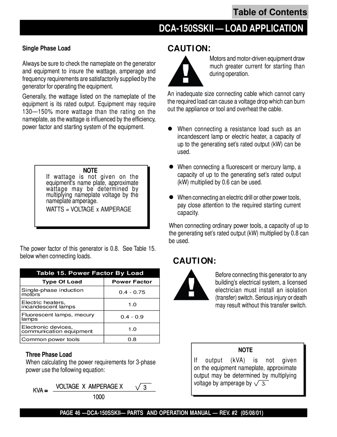 Multiquip operation manual DCA-150SSKII Load Application, Single Phase Load, Three Phase Load 