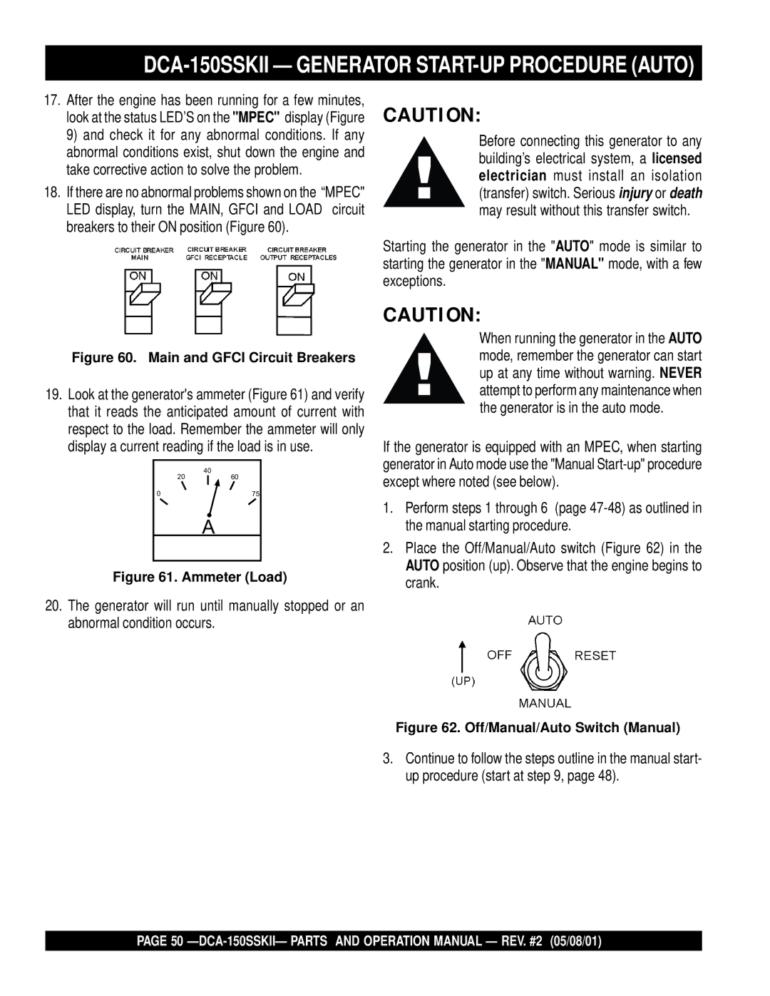 Multiquip operation manual DCA-150SSKII Generator START-UP Procedure Auto 