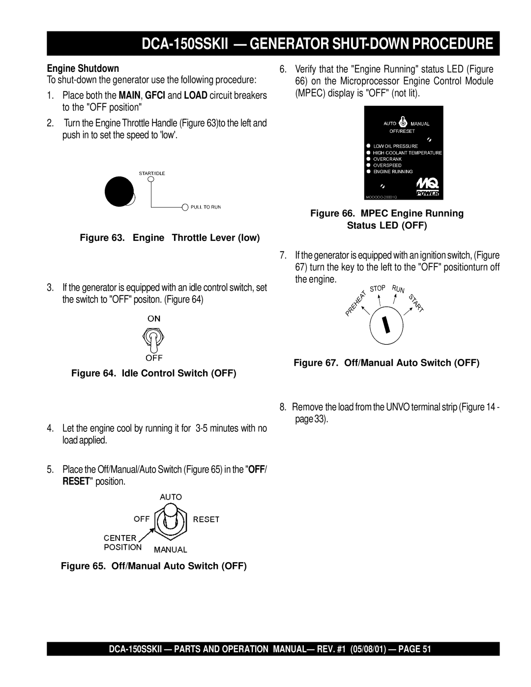 Multiquip operation manual DCA-150SSKII Generator SHUT-DOWN Procedure, Engine Shutdown 