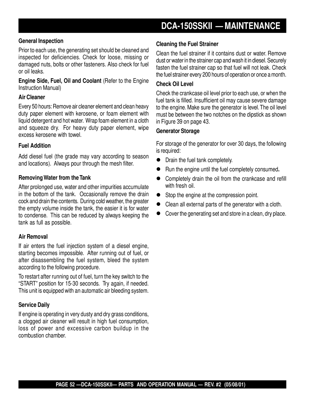 Multiquip operation manual DCA-150SSKII Maintenance 