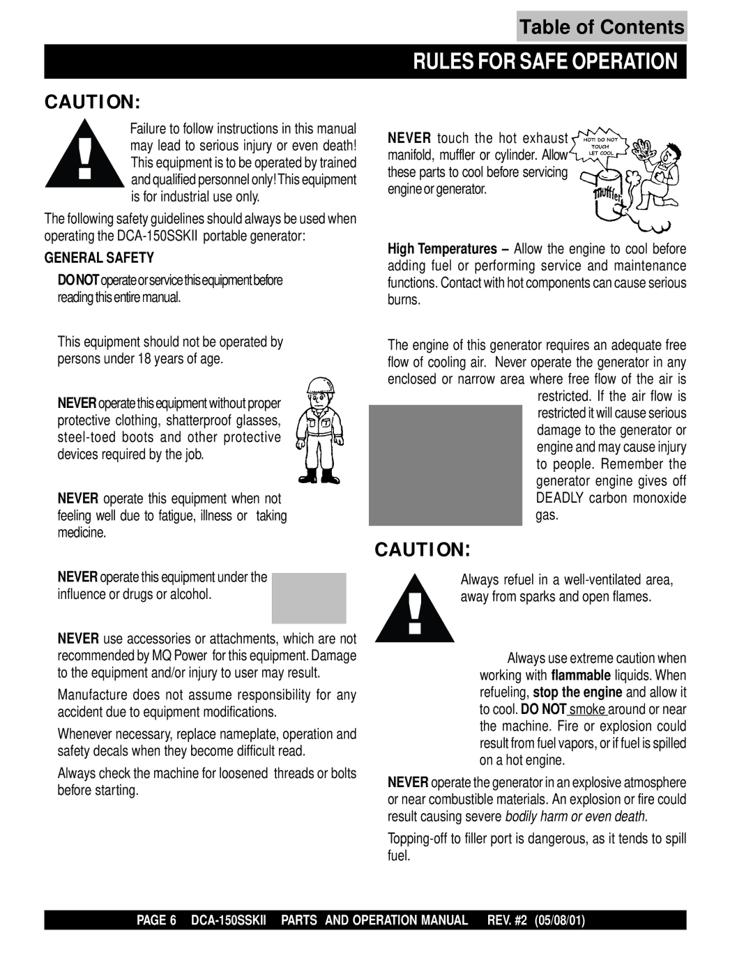 Multiquip DCA-150SSKII operation manual Rules for Safe Operation, General Safety 