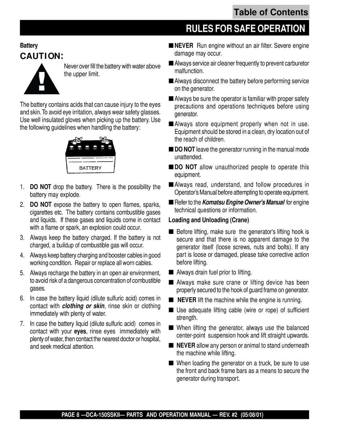 Multiquip DCA-150SSKII operation manual Battery, Loading and Unloading Crane 