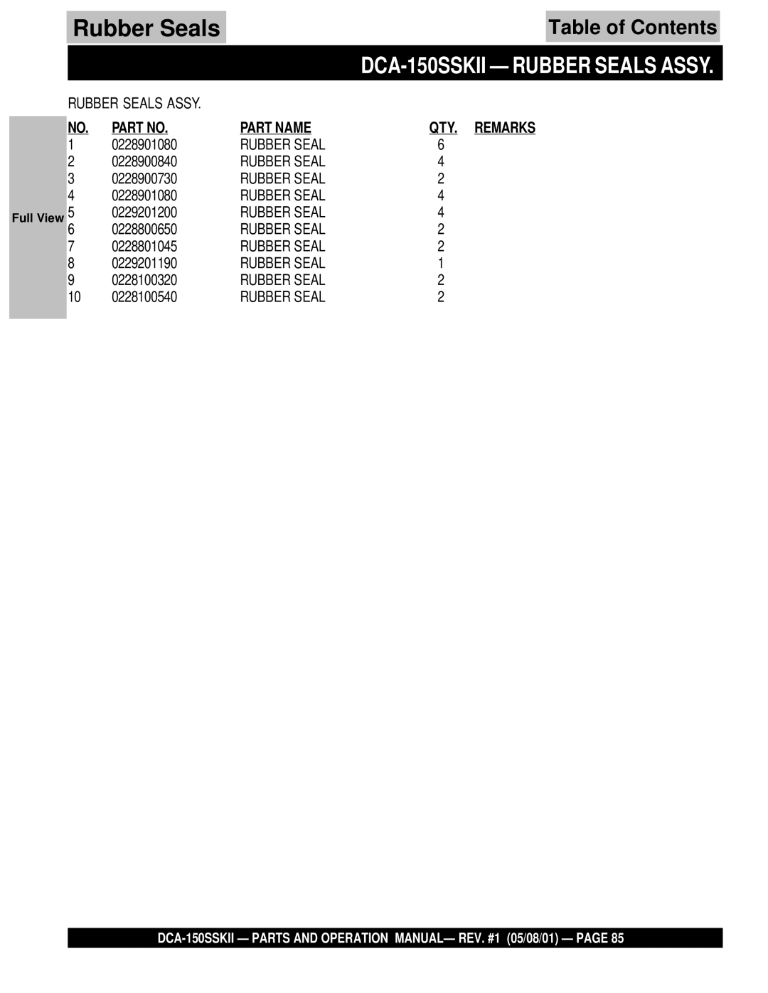 Multiquip operation manual DCA-150SSKII Rubber Seals Assy 