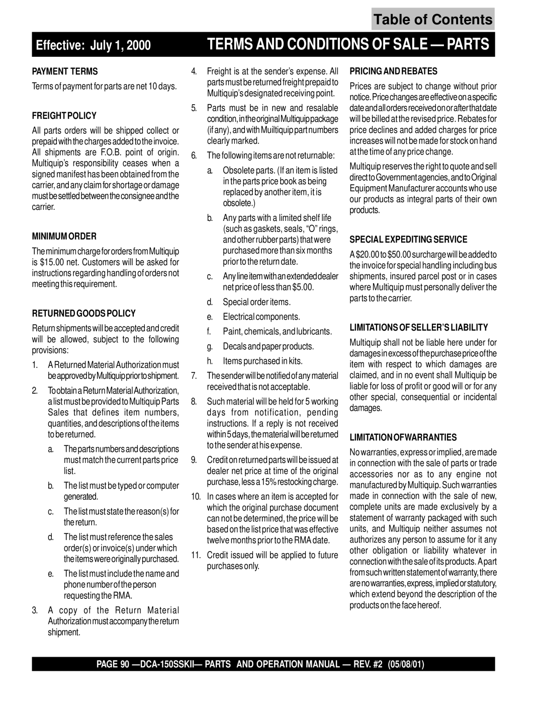 Multiquip DCA-150SSKII operation manual Effective July 1 