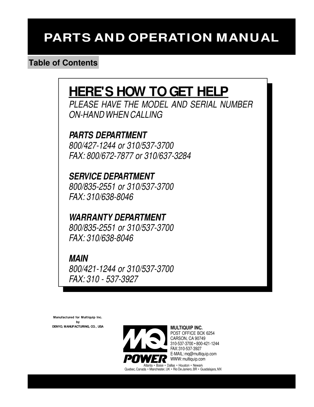 Multiquip DCA-150SSKII operation manual 800/421-1244 or 310/537-3700 FAX 310 