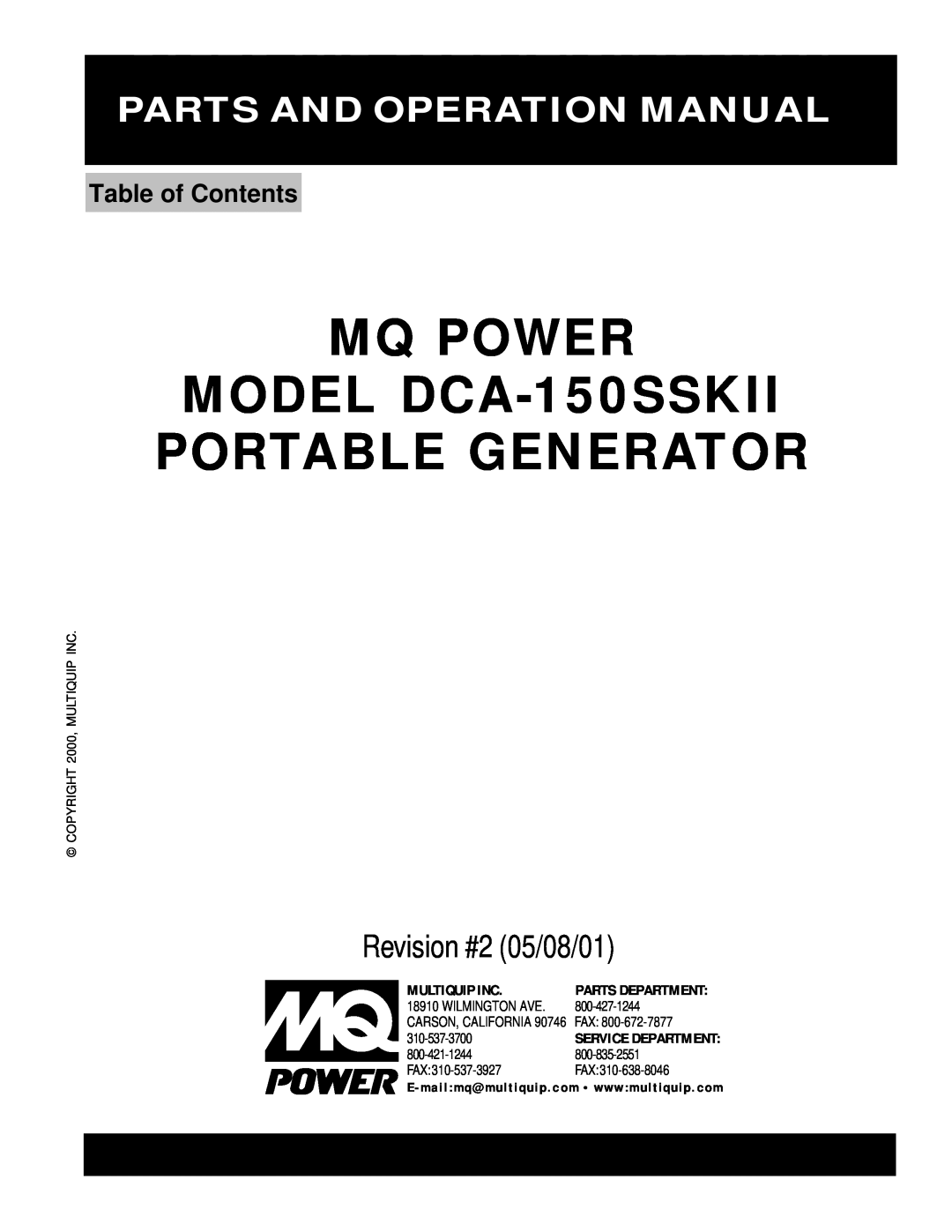 Multiquip operation manual MQ POWER MODEL DCA-150SSKII PORTABLE GENERATOR, Table of Contents, Revision #2 05/08/01 