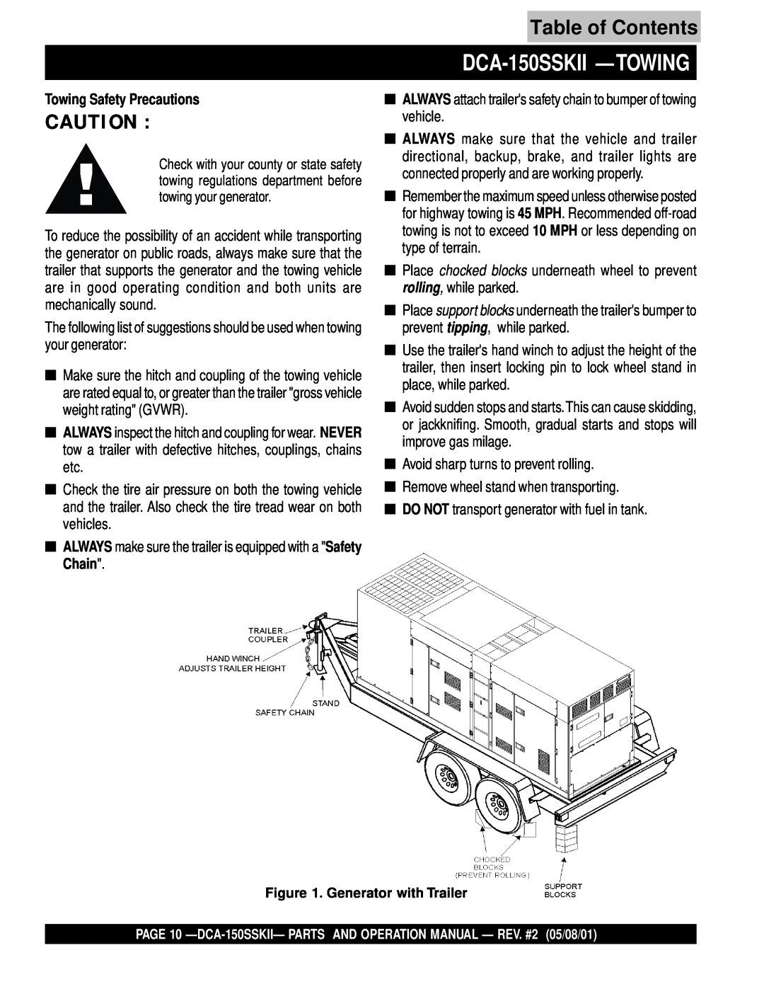 Multiquip operation manual DCA-150SSKII - TOWING, Towing Safety Precautions, Table of Contents 