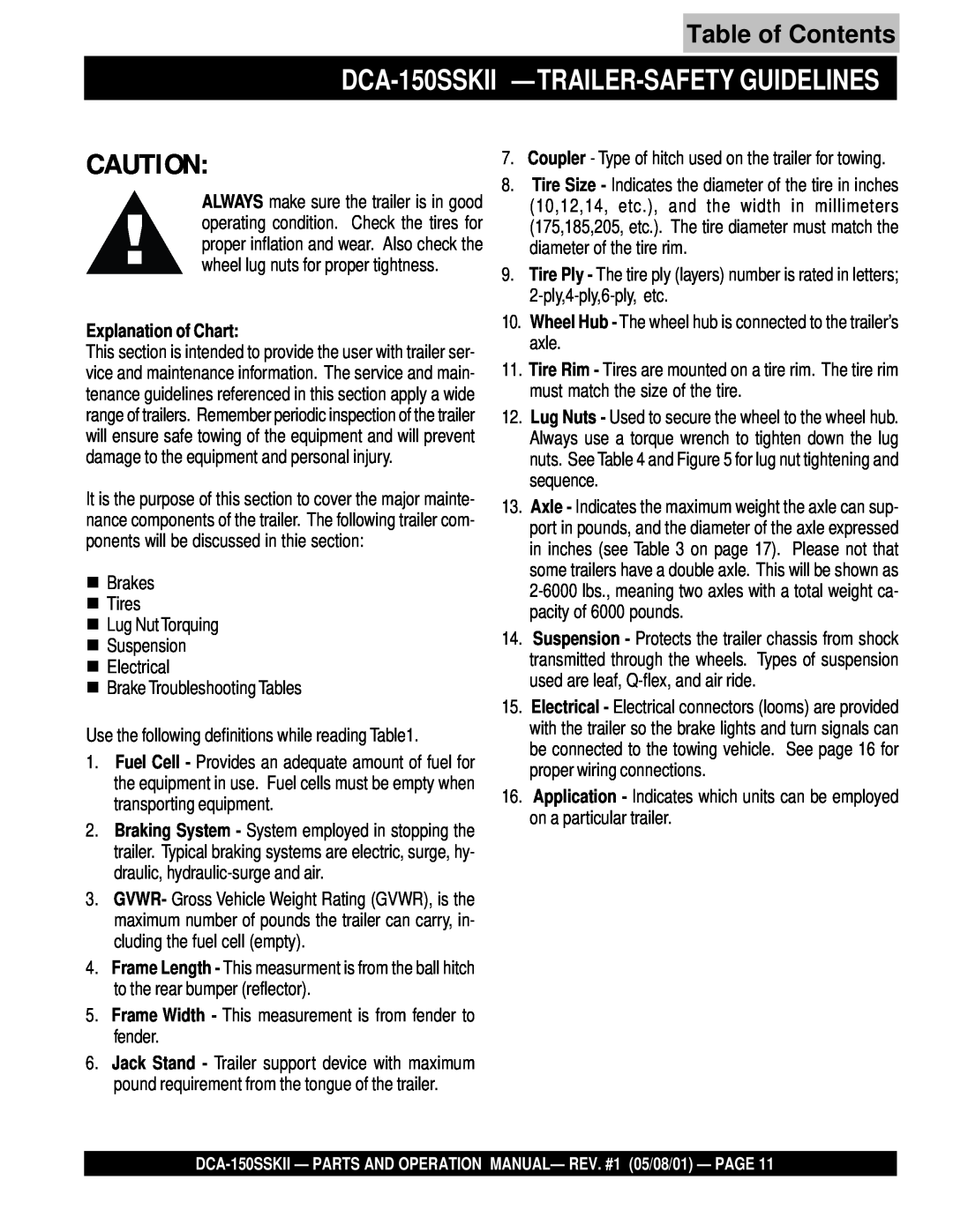 Multiquip operation manual DCA-150SSKII -TRAILER-SAFETY GUIDELINES, Explanation of Chart, Table of Contents 