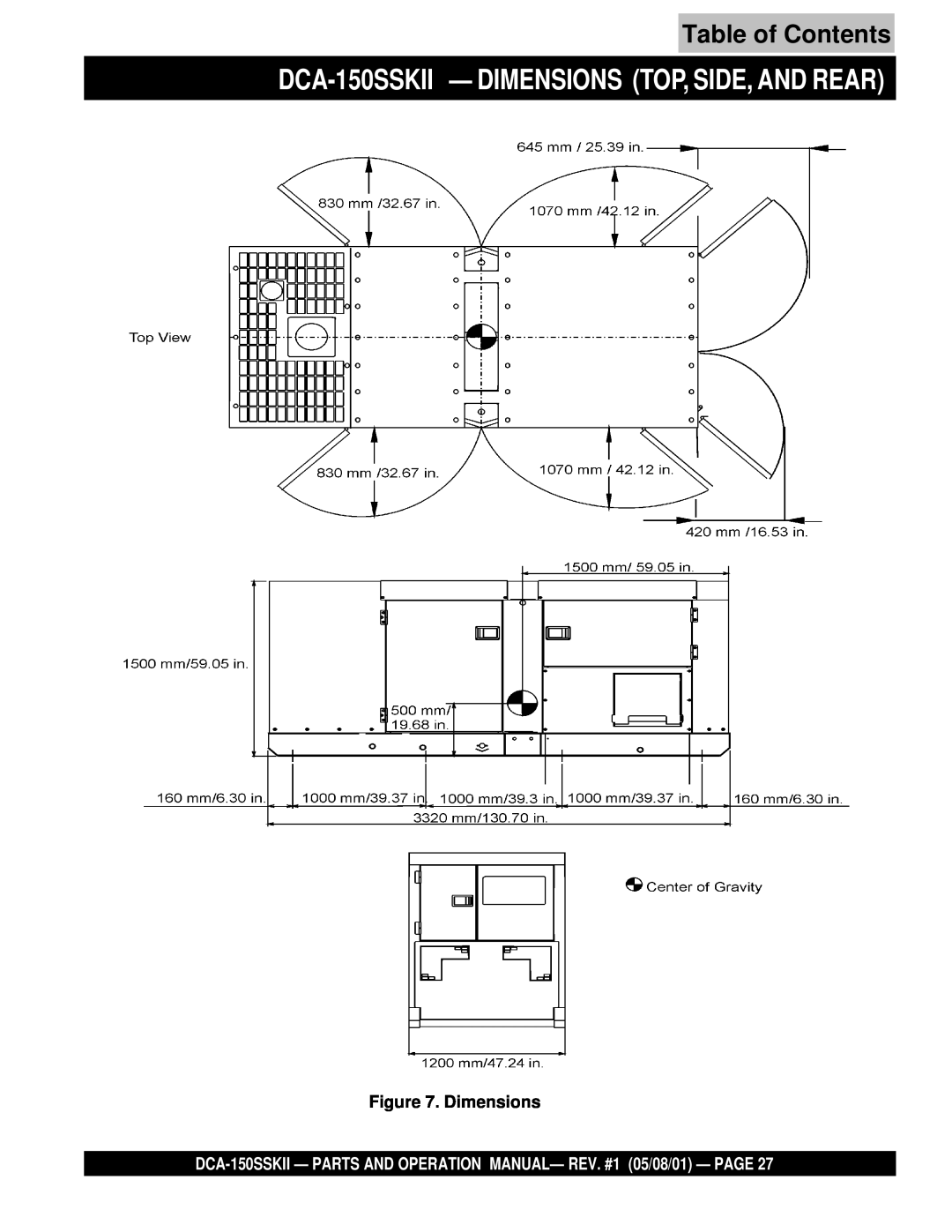 Multiquip operation manual DCA-150SSKII - DIMENSIONS TOP, SIDE, AND REAR, Table of Contents, Dimensions 