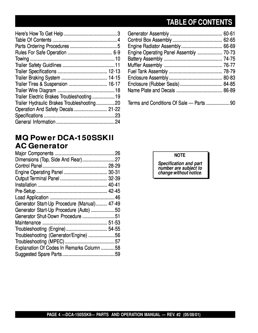 Multiquip operation manual Table Of Contents, MQ Power DCA-150SSKII AC Generator 
