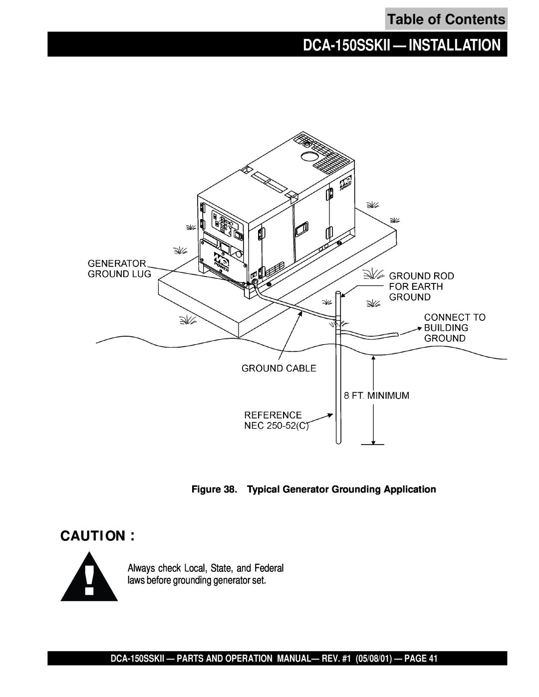 Multiquip operation manual DCA-150SSKII - INSTALLATION, Table of Contents, Typical Generator Grounding Application 
