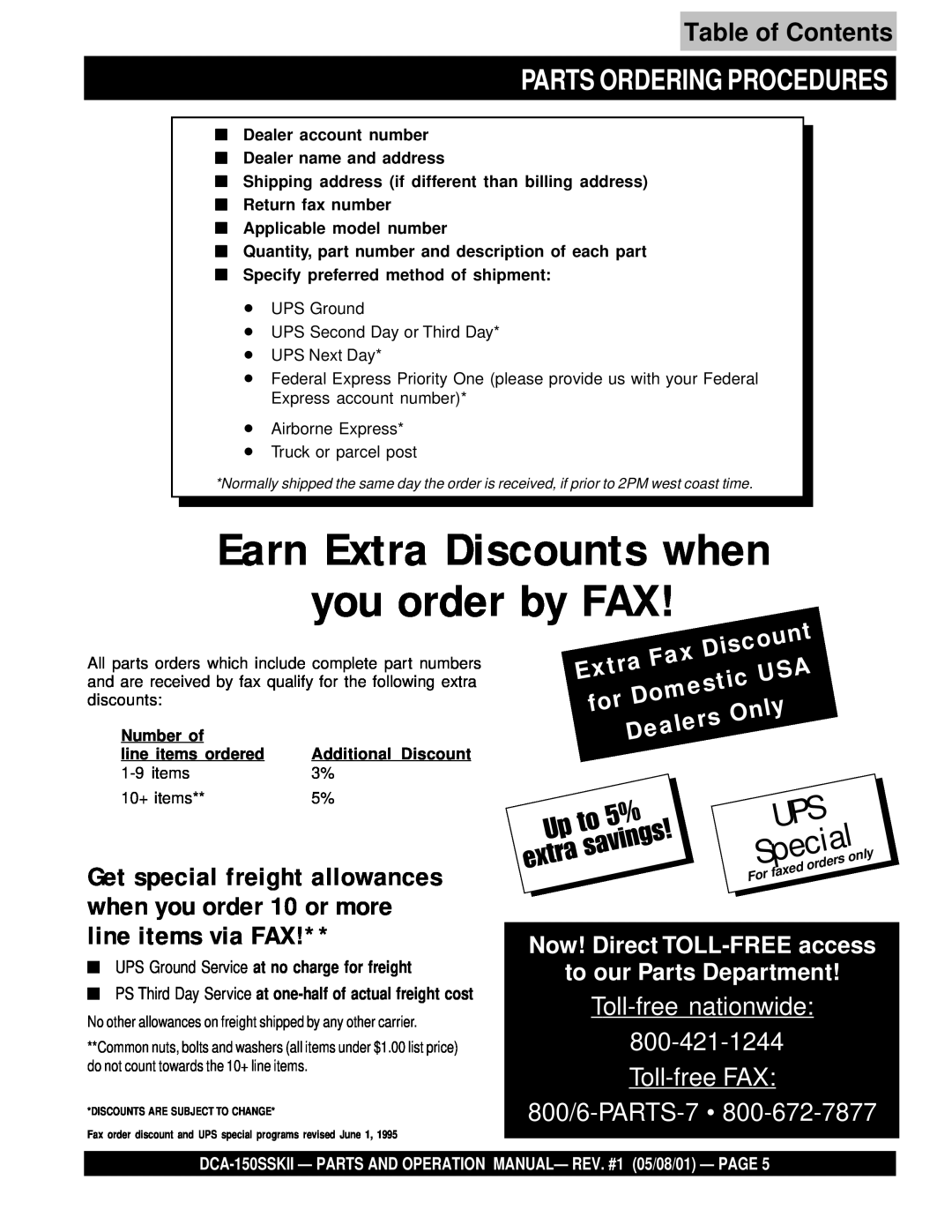 Multiquip DCA-150SSKII Earn Extra Discounts when you order by FAX, Parts Ordering Procedures, Domestic, Only, Dealers 