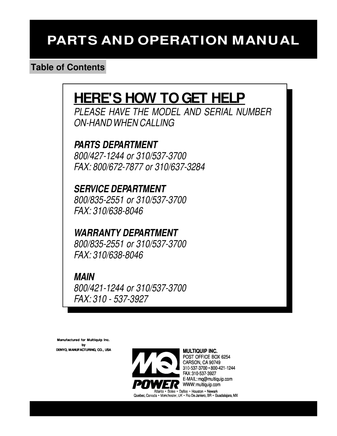 Multiquip DCA-150SSKII 800/421-1244 or 310/537-3700 FAX 310, Heres How To Get Help, Parts And Operation Manual, Main 