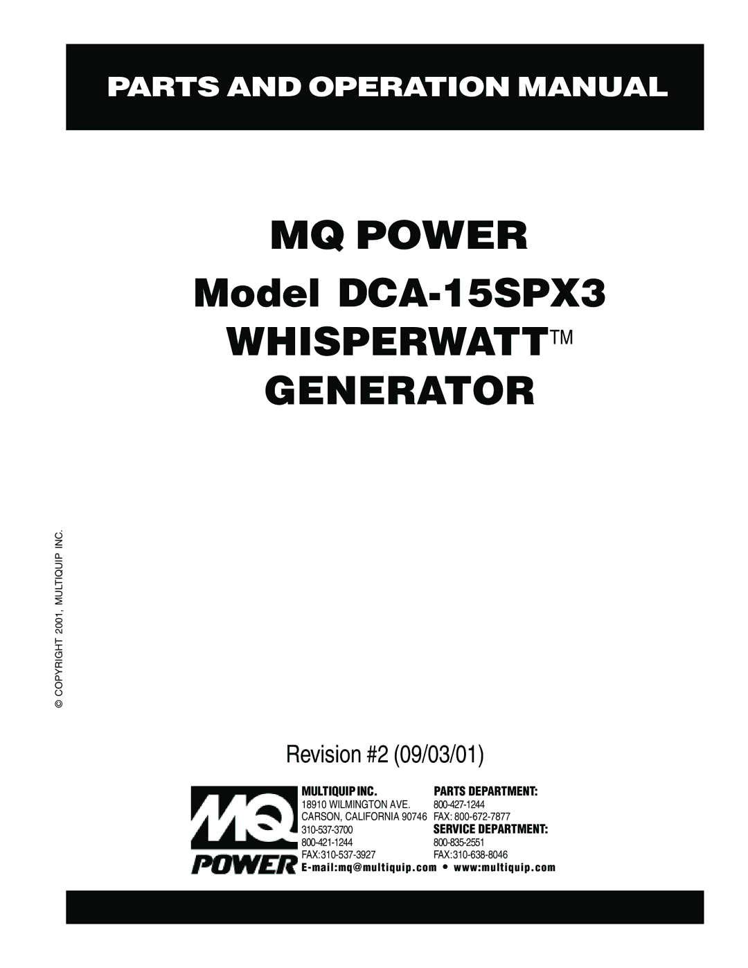 Multiquip DCA-15SPX3 operation manual MQ Power 