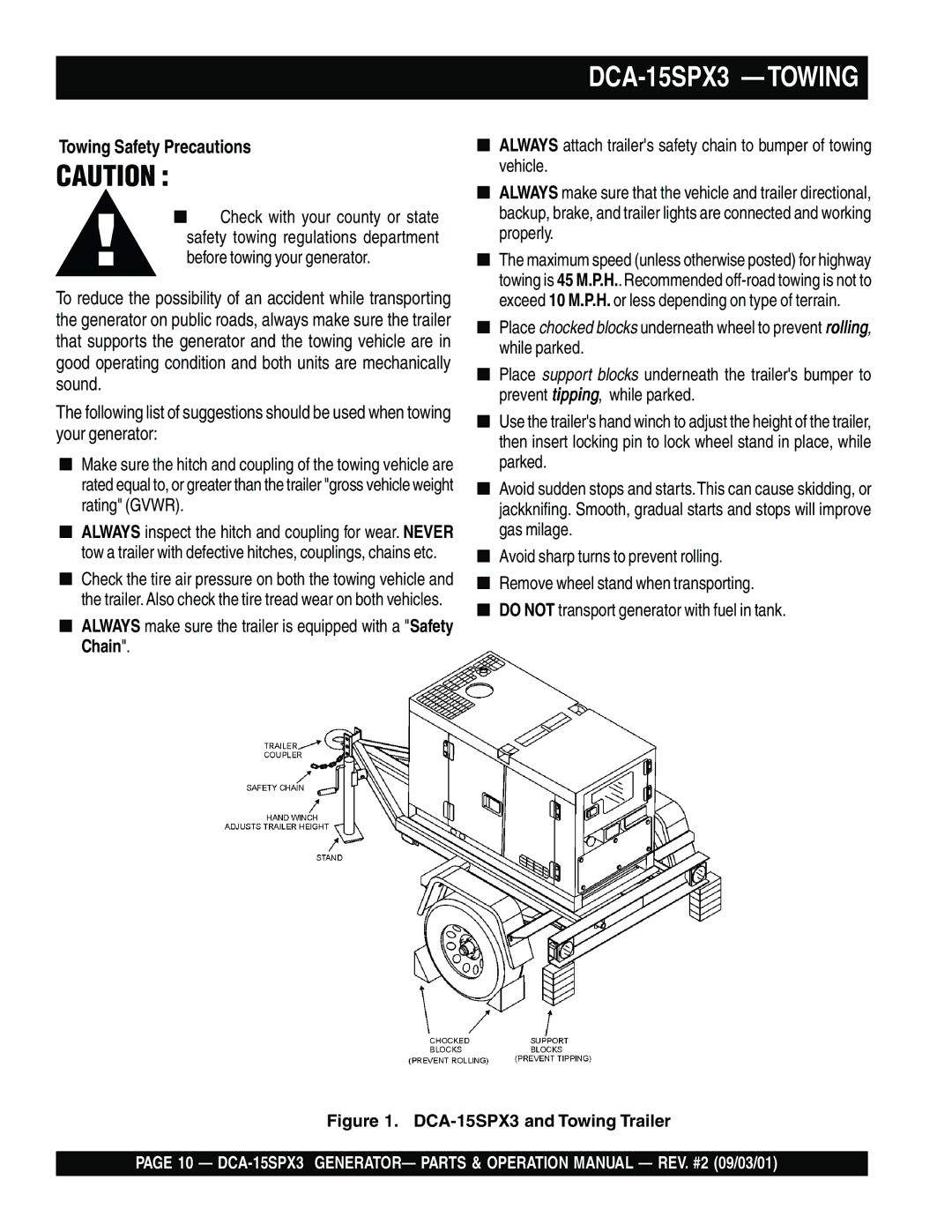 Multiquip operation manual DCA-15SPX3 -TOWING, Towing Safety Precautions 