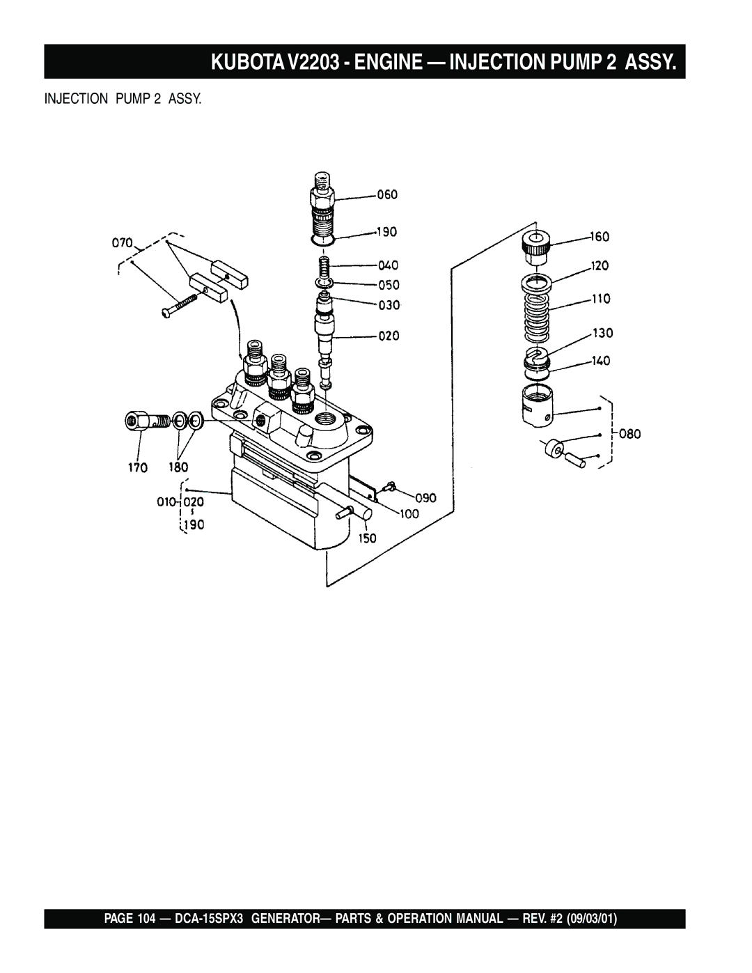 Multiquip DCA-15SPX3 operation manual Kubota V2203 Engine Injection Pump 2 Assy 