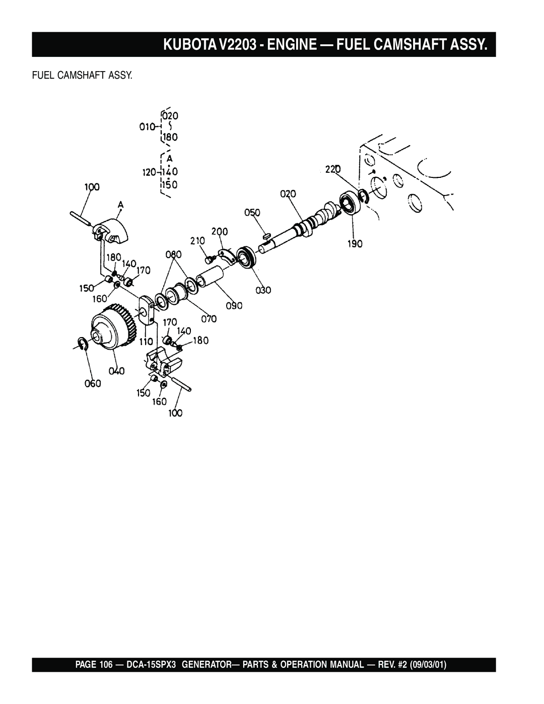 Multiquip DCA-15SPX3 operation manual Kubota V2203 Engine Fuel Camshaft Assy 