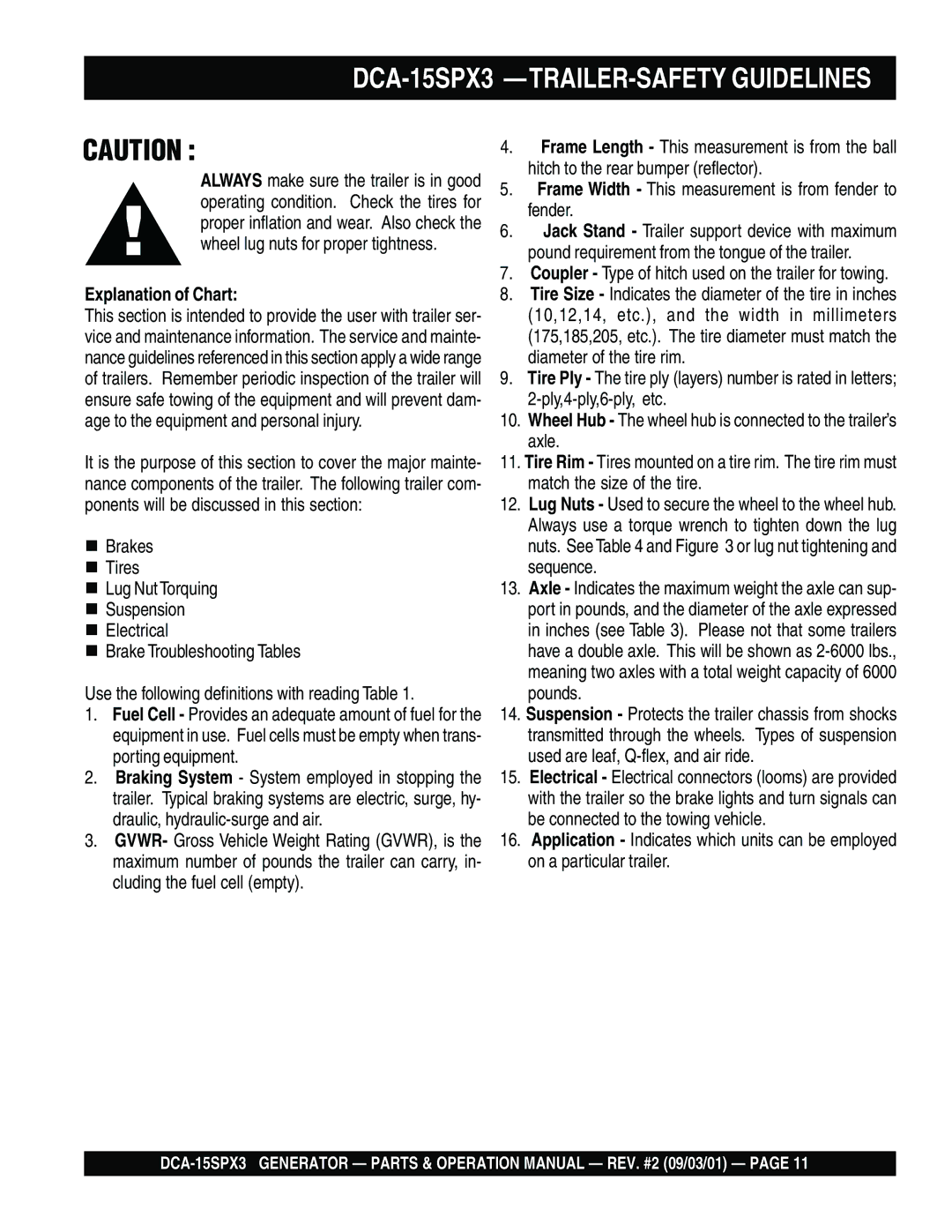 Multiquip operation manual DCA-15SPX3 -TRAILER-SAFETY Guidelines, Explanation of Chart 