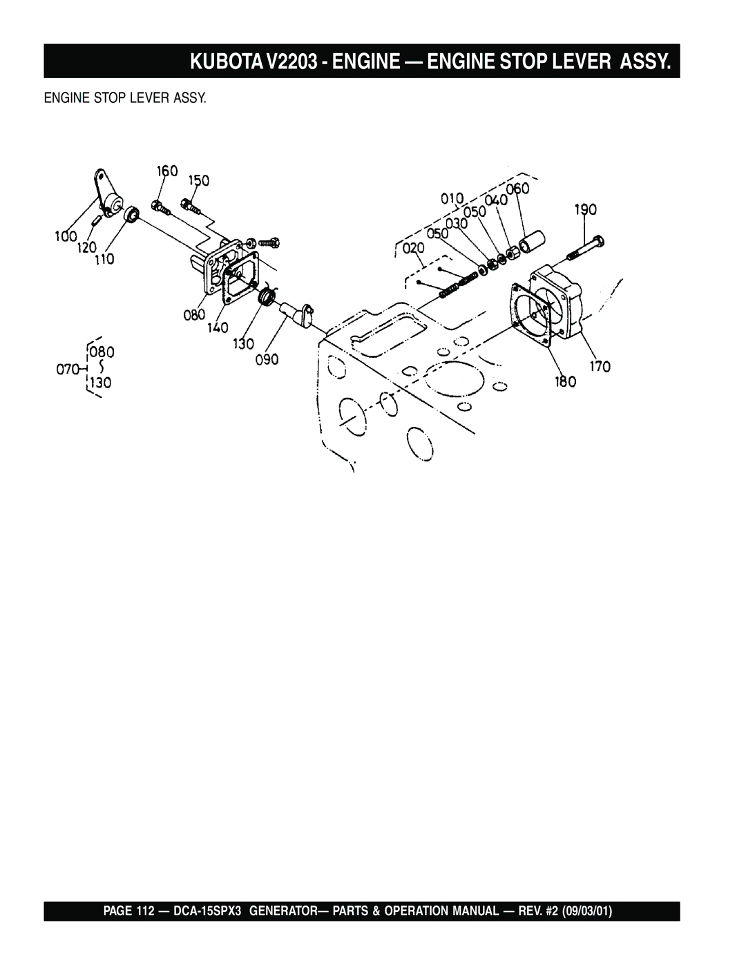 Multiquip DCA-15SPX3 operation manual Kubota V2203 Engine Engine Stop Lever Assy 