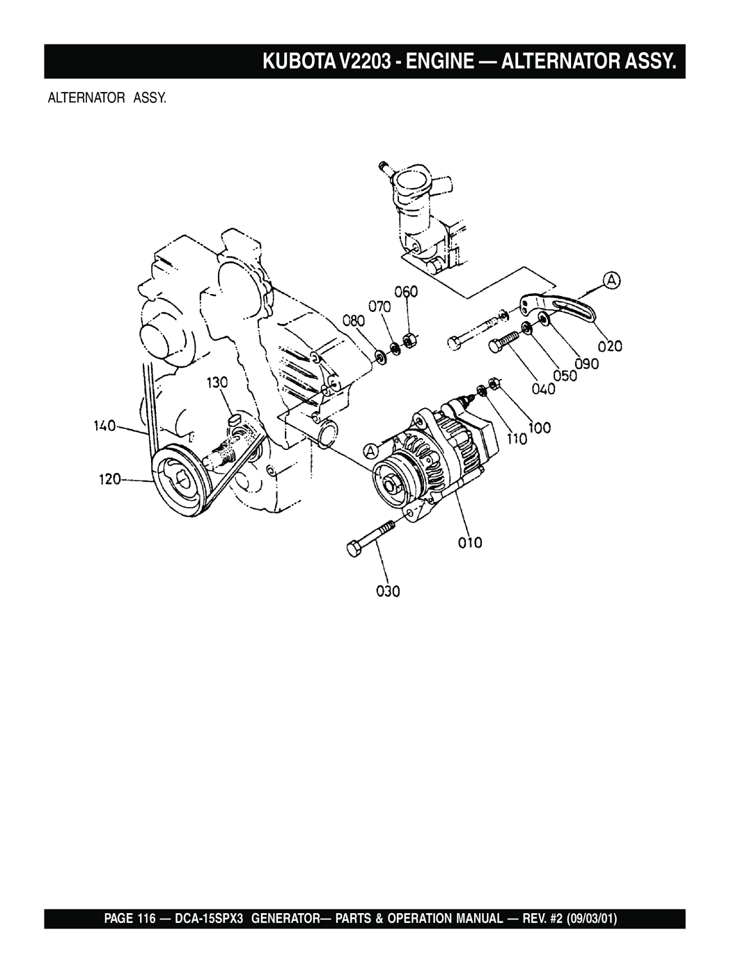 Multiquip DCA-15SPX3 operation manual Kubota V2203 Engine Alternator Assy 