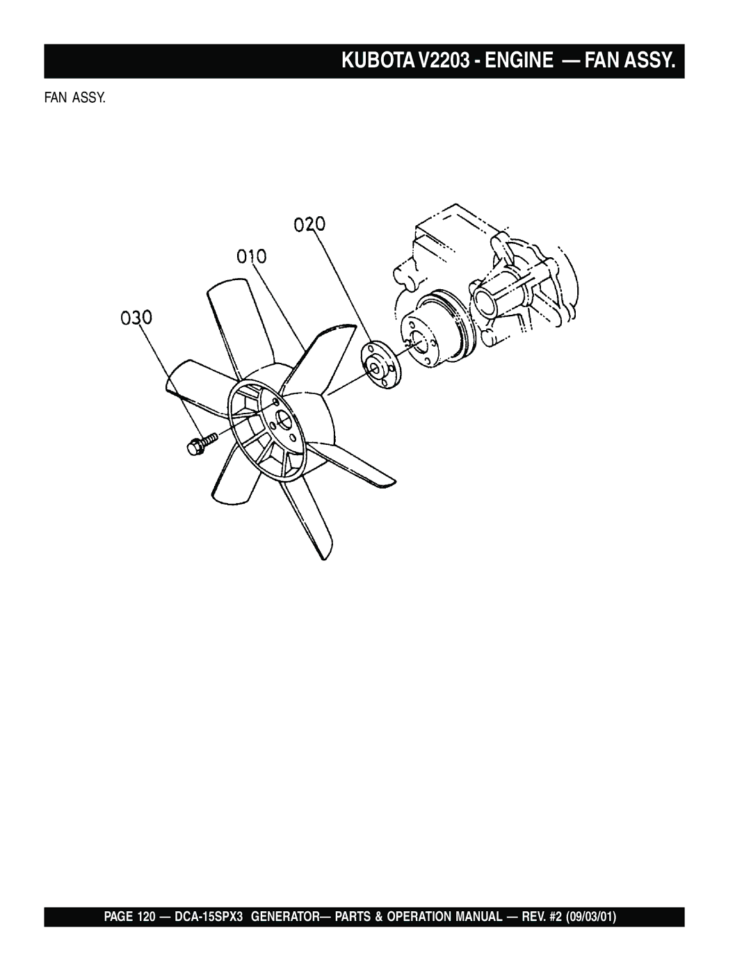 Multiquip DCA-15SPX3 operation manual Kubota V2203 Engine FAN Assy 