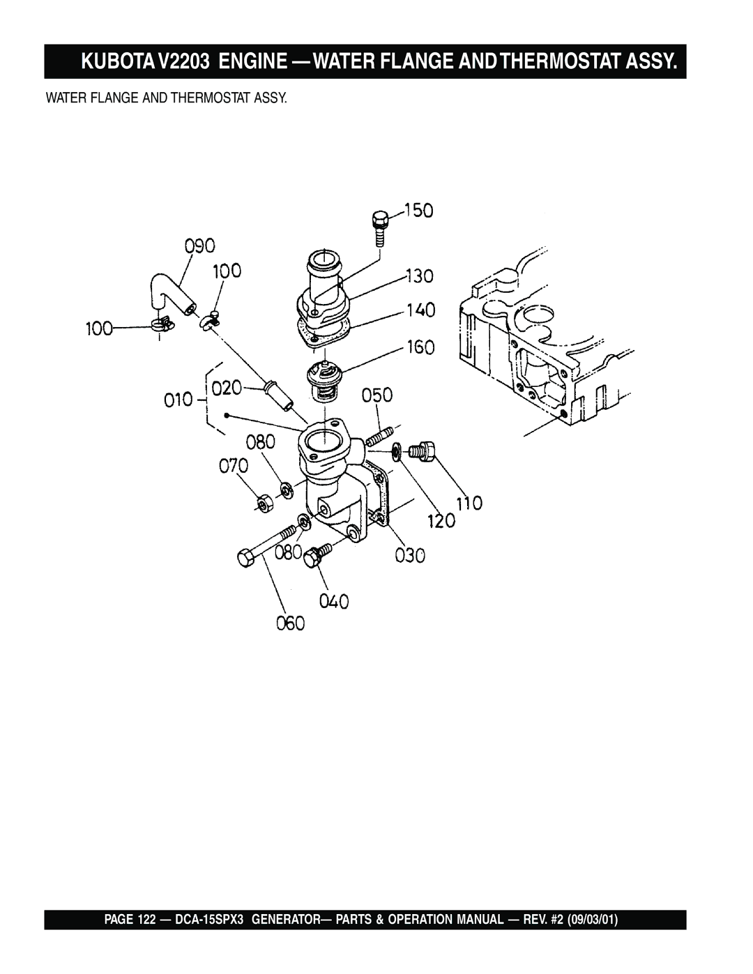 Multiquip DCA-15SPX3 operation manual Kubota V2203 Engine -WATER Flange Andthermostat Assy 