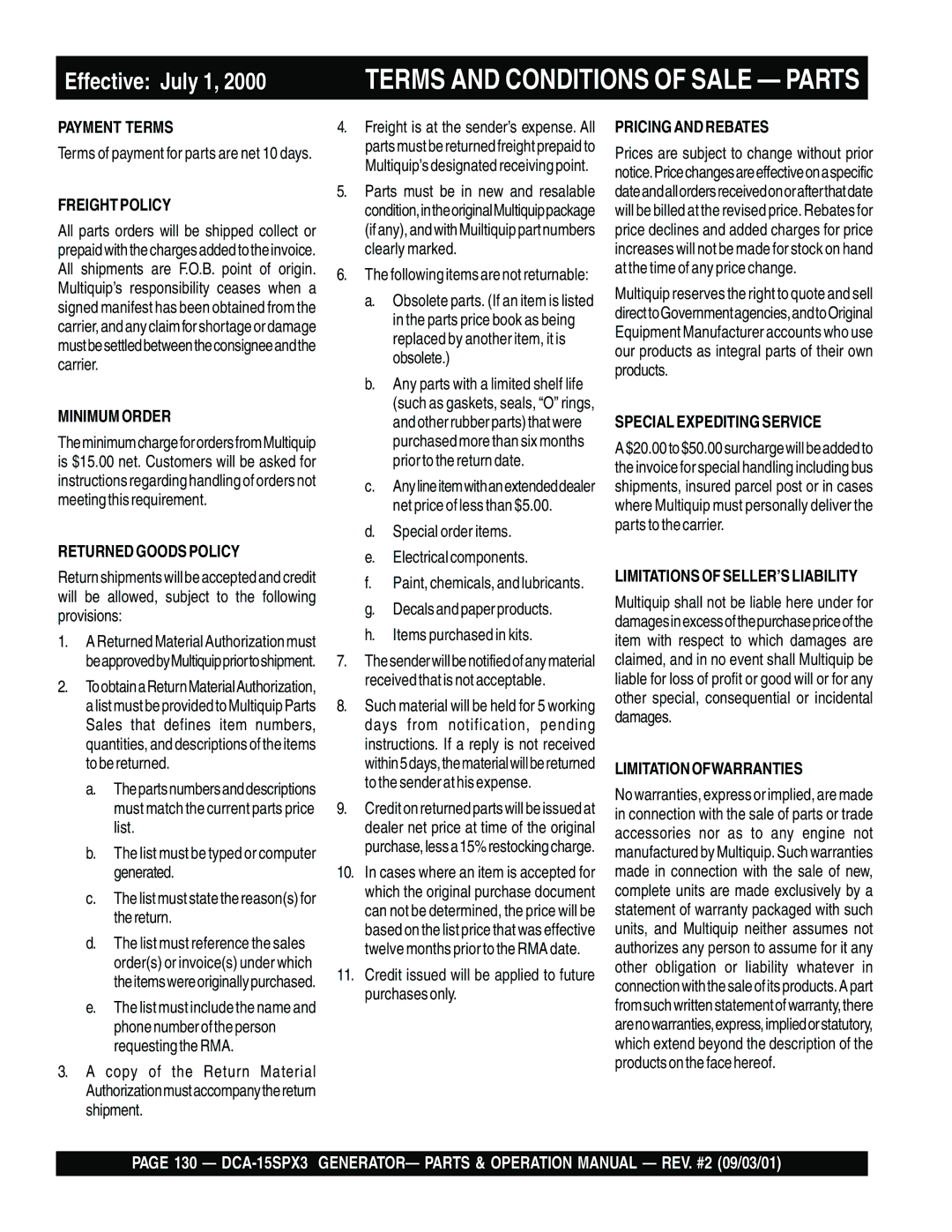 Multiquip DCA-15SPX3 operation manual Effective July 1 