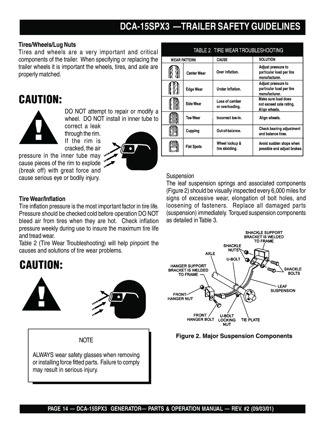 Multiquip DCA-15SPX3 operation manual Tires/Wheels/Lug Nuts, Tire Wear/Inflation 