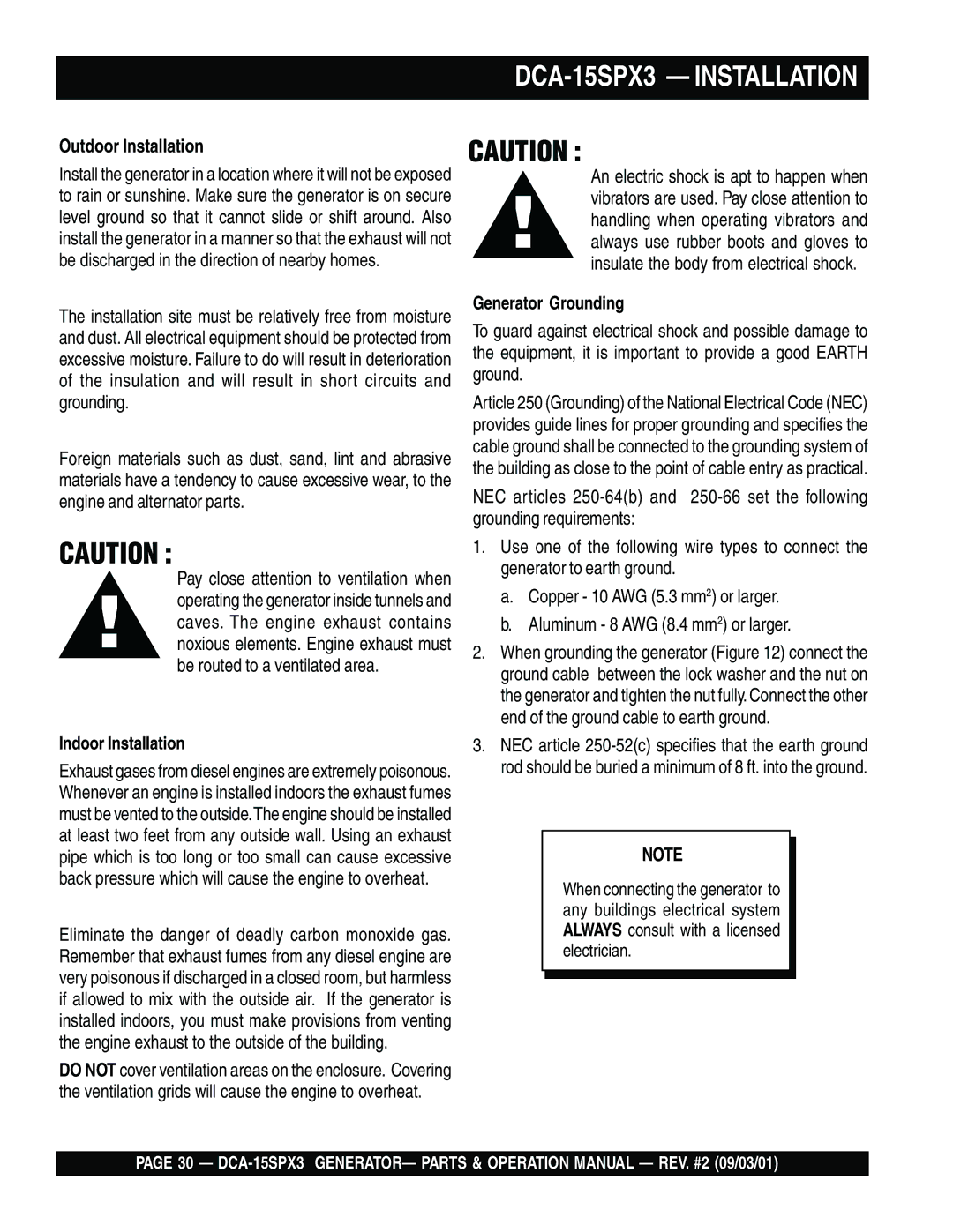 Multiquip operation manual DCA-15SPX3 Installation, Outdoor Installation 