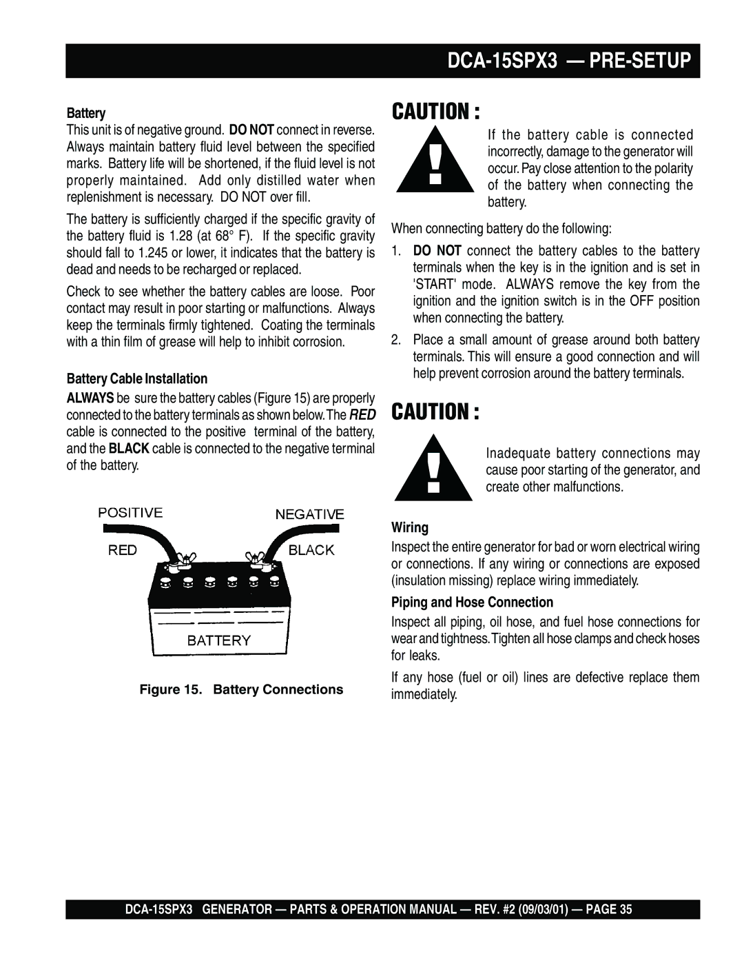 Multiquip DCA-15SPX3 operation manual Battery Cable Installation, Wiring, Piping and Hose Connection 