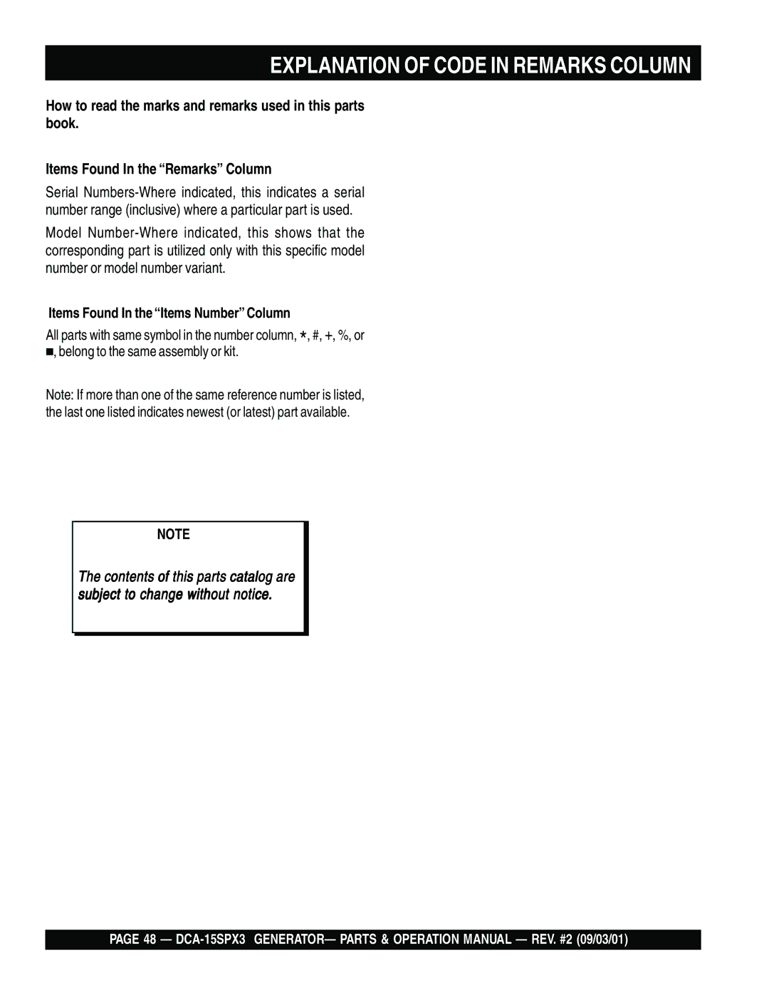 Multiquip DCA-15SPX3 operation manual Explanation of Code in Remarks Column, Items Found In the Items Number Column 