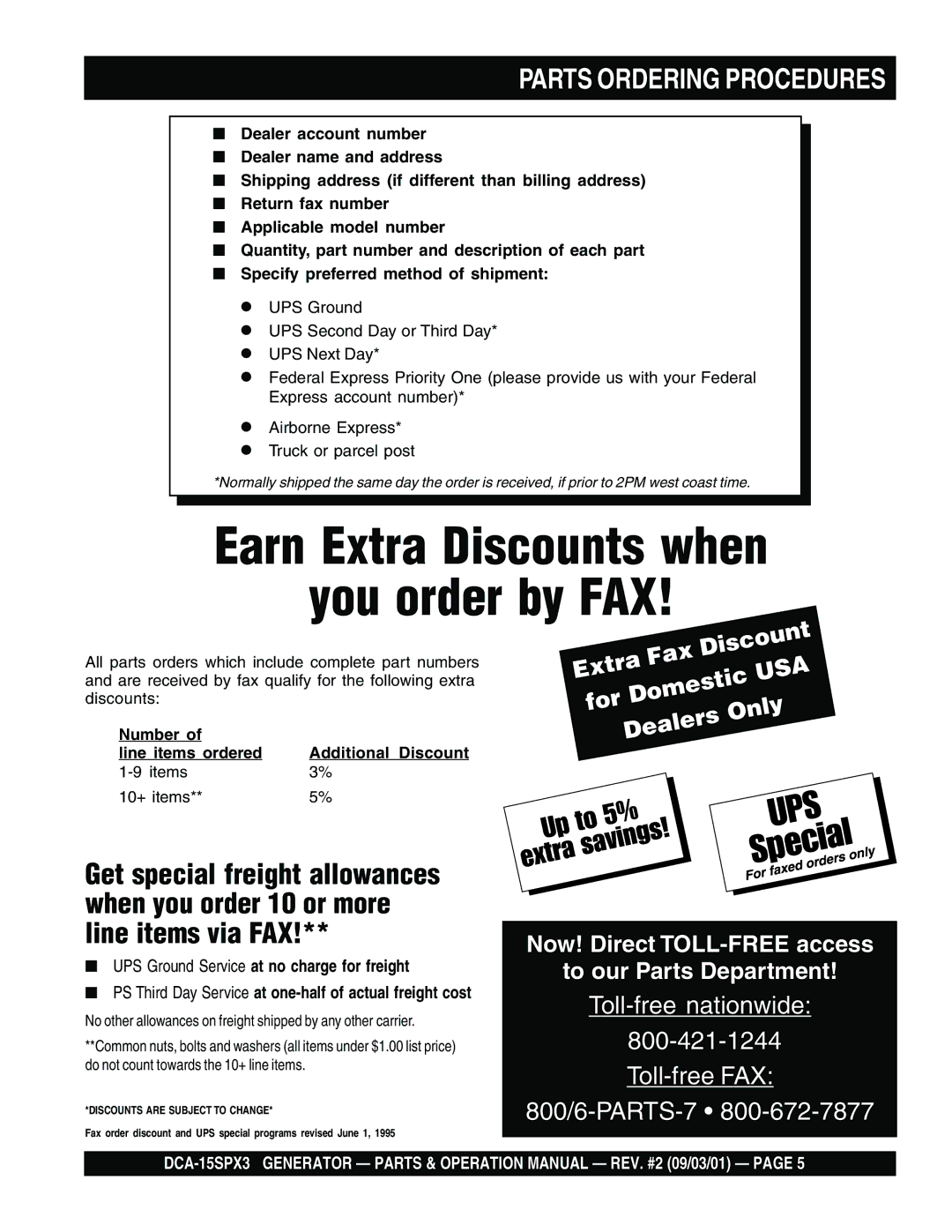 Multiquip DCA-15SPX3 operation manual Earn Extra Discounts when You order by FAX, Parts Ordering Procedures 