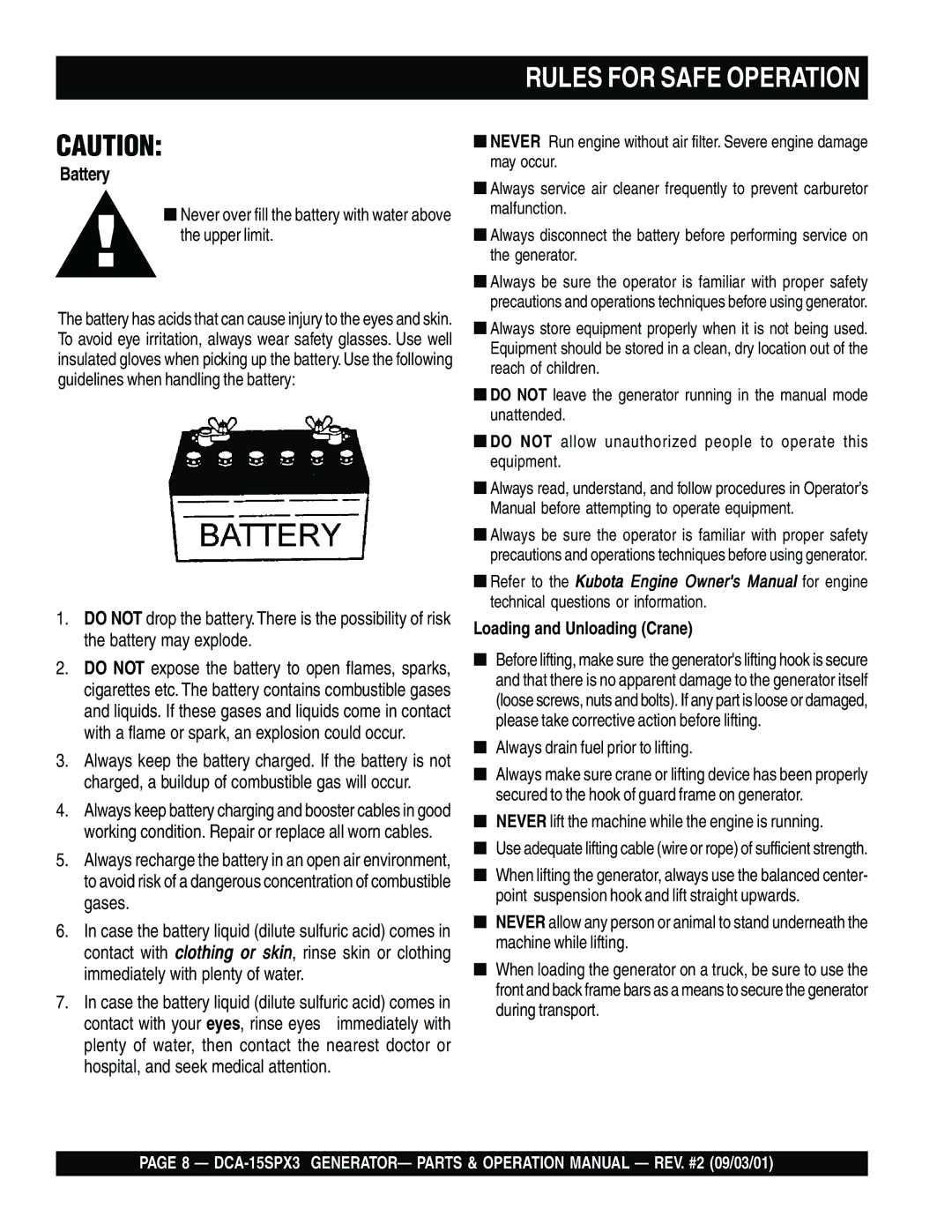 Multiquip DCA-15SPX3 operation manual Battery, Loading and Unloading Crane 