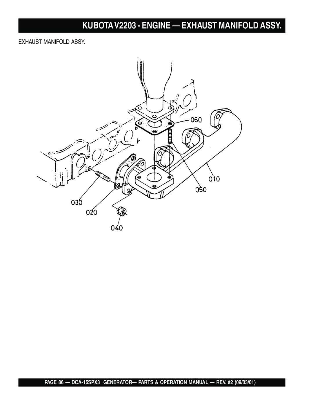 Multiquip DCA-15SPX3 operation manual Kubota V2203 Engine Exhaust Manifold Assy 