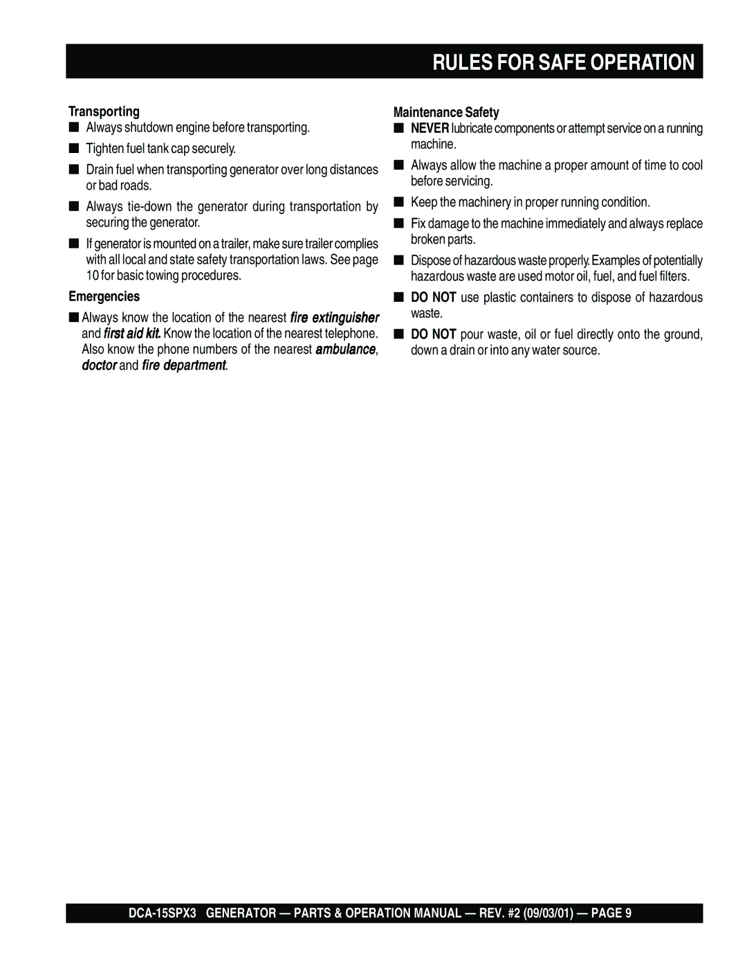 Multiquip DCA-15SPX3 operation manual Rules for Safe Operation 