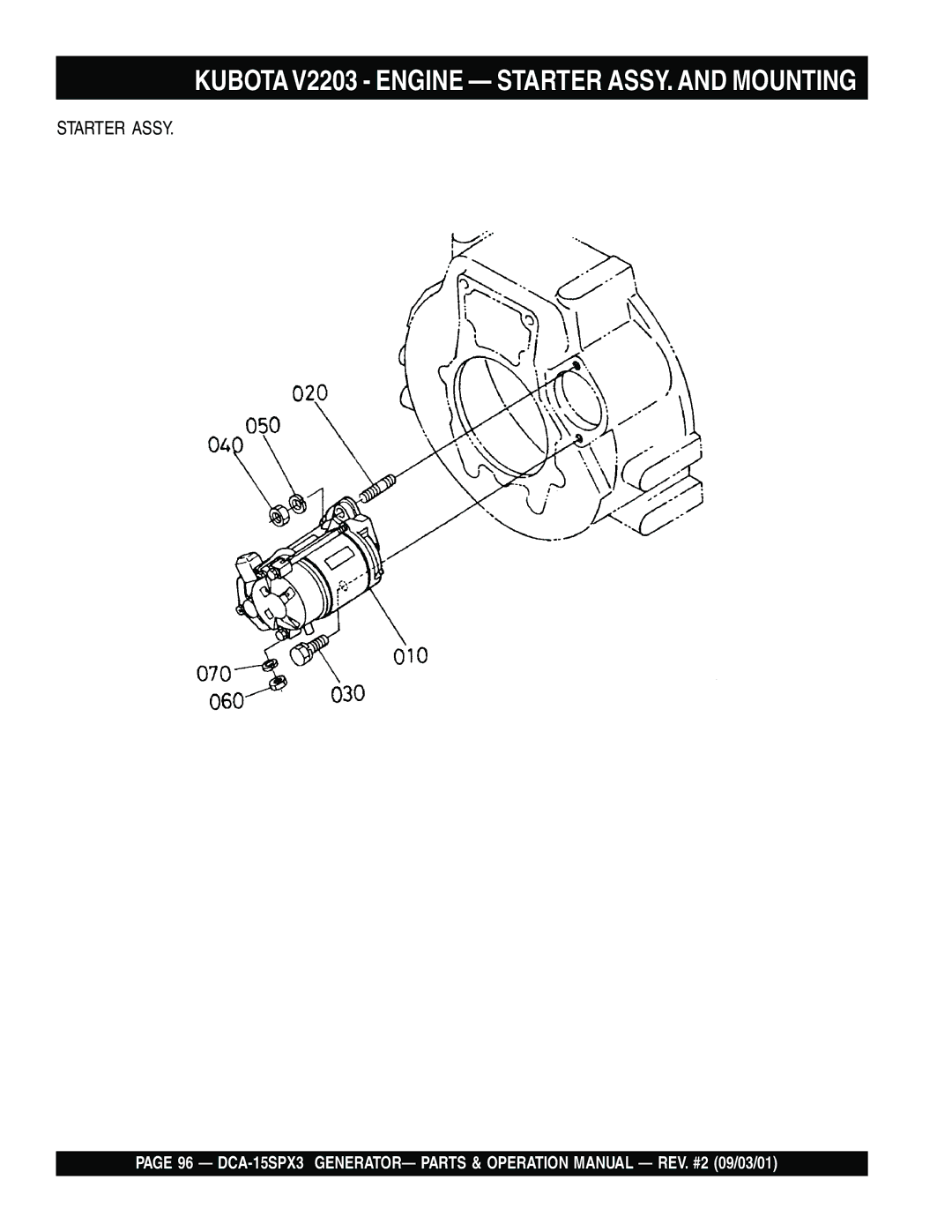 Multiquip DCA-15SPX3 operation manual Kubota V2203 Engine Starter ASSY. and Mounting 