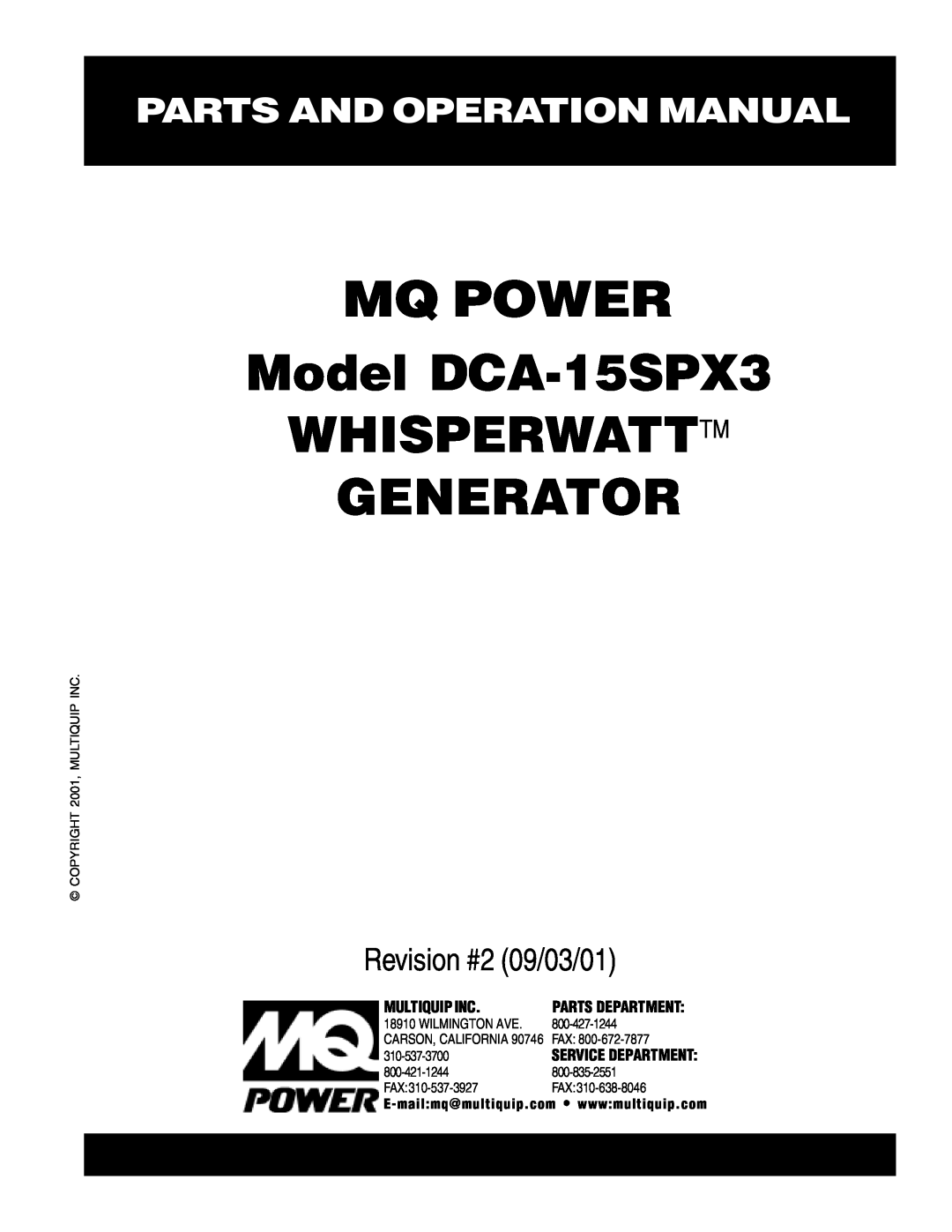 Multiquip operation manual MQ POWER Model DCA-15SPX3 WHISPERWATTTM GENERATOR, Parts And Operation Manual 