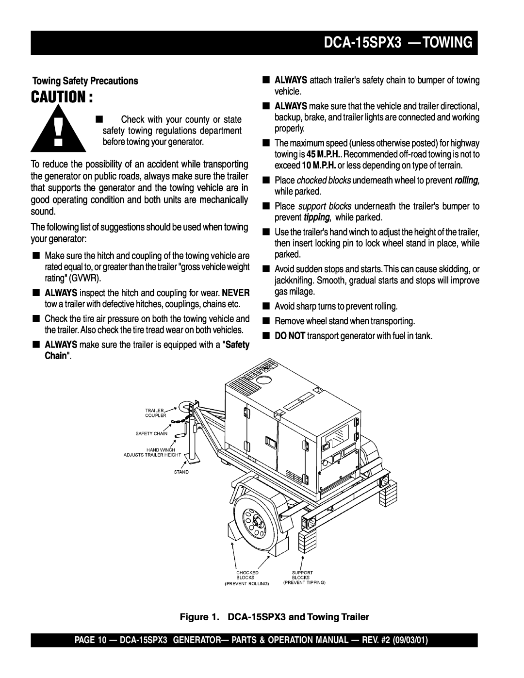 Multiquip operation manual DCA-15SPX3 —TOWING, Towing Safety Precautions, DCA-15SPX3and Towing Trailer 