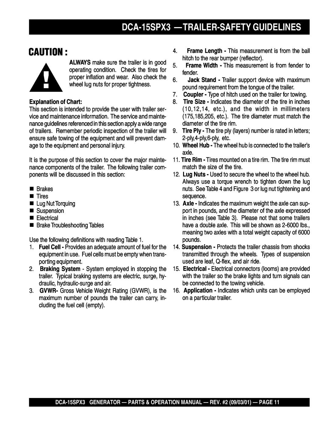 Multiquip operation manual DCA-15SPX3 —TRAILER-SAFETYGUIDELINES, Explanation of Chart 