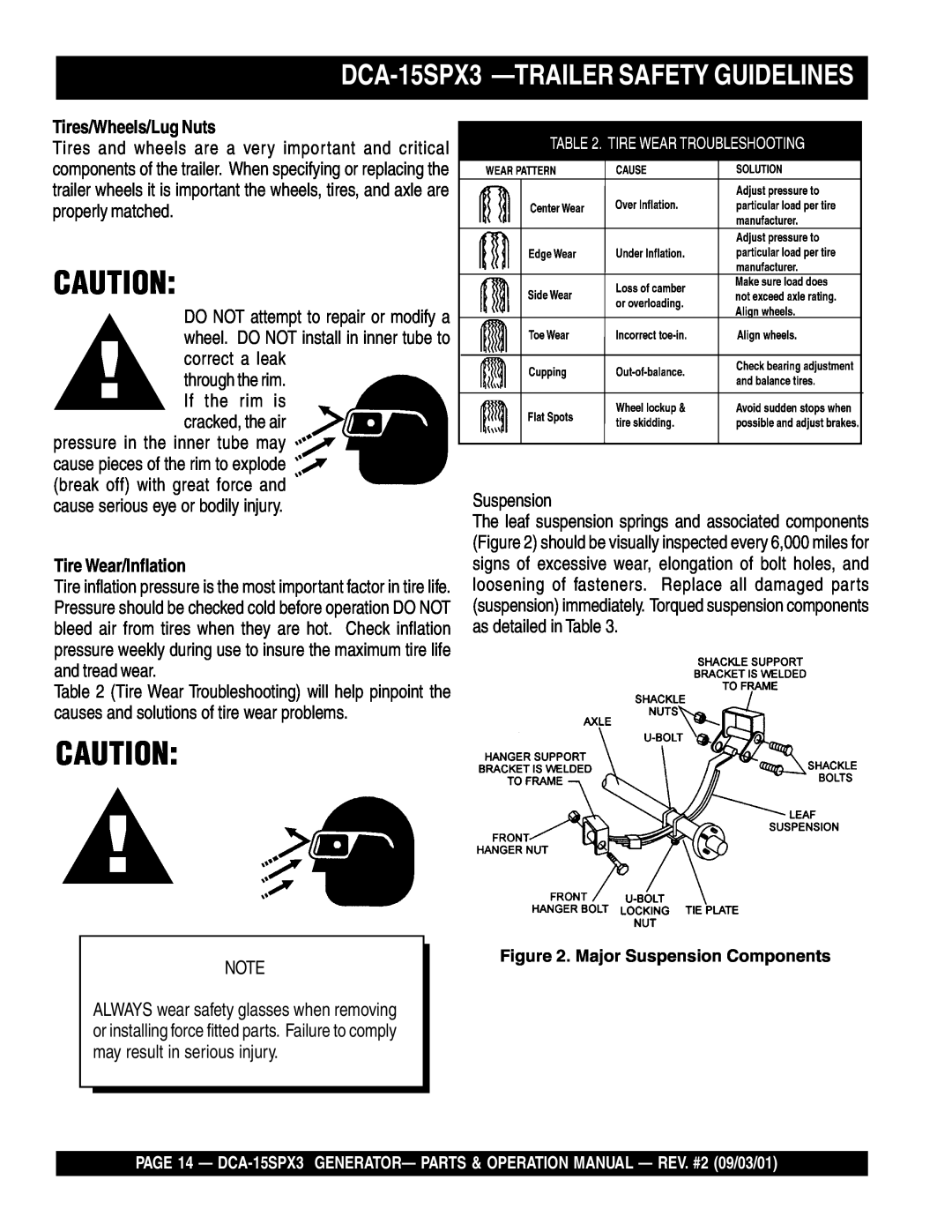 Multiquip operation manual DCA-15SPX3 —TRAILERSAFETY GUIDELINES, Tires/Wheels/Lug Nuts, Tire Wear/Inflation 