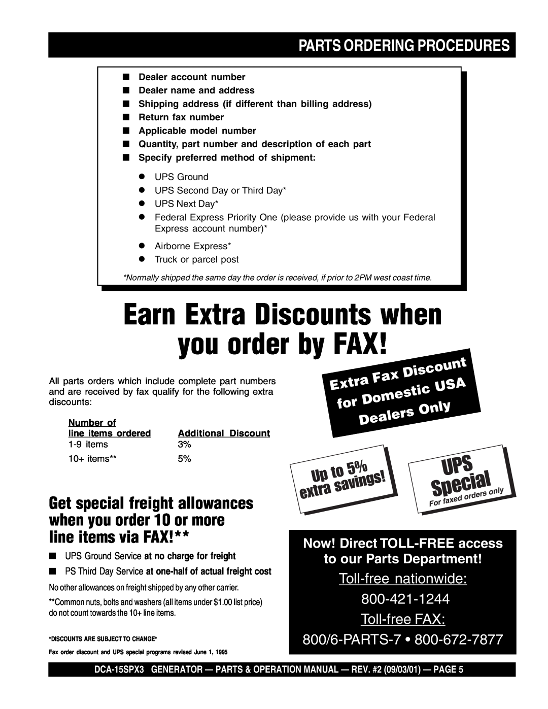Multiquip DCA-15SPX3 Earn Extra Discounts when you order by FAX, Parts Ordering Procedures, Domestic, Only, Dealers 