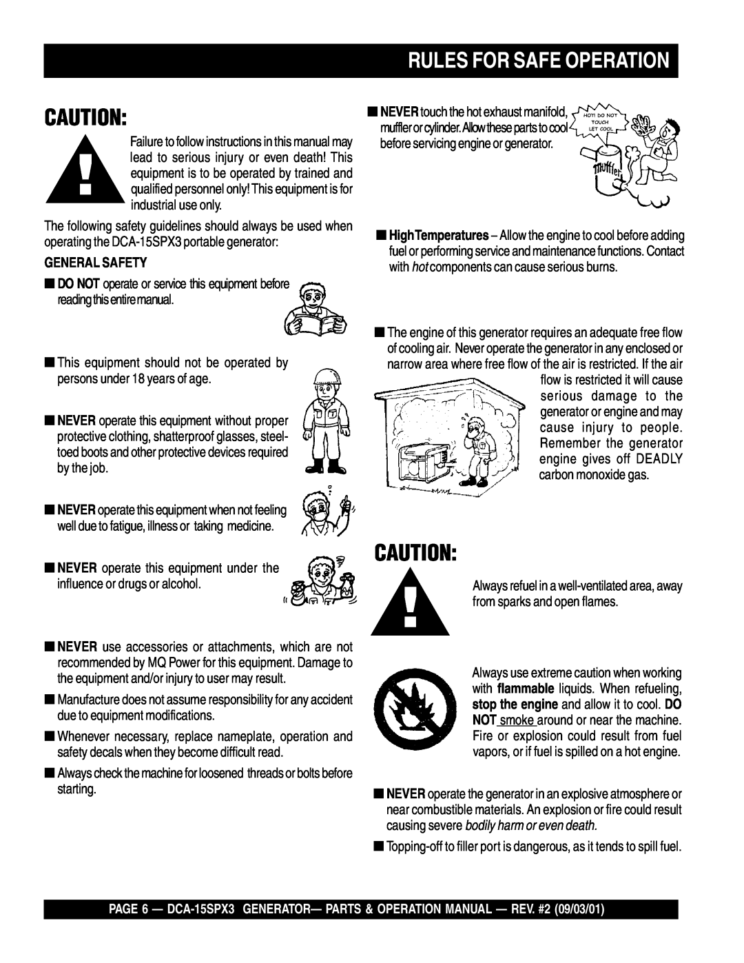 Multiquip DCA-15SPX3 operation manual Rules For Safe Operation, General Safety 