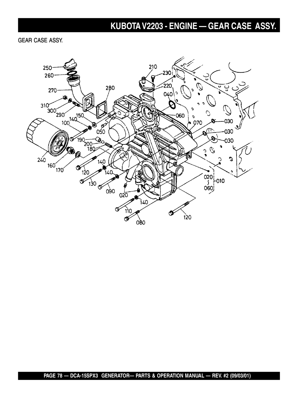 Multiquip DCA-15SPX3 operation manual KUBOTA V2203 - ENGINE — GEAR CASE ASSY, Gear Case Assy 