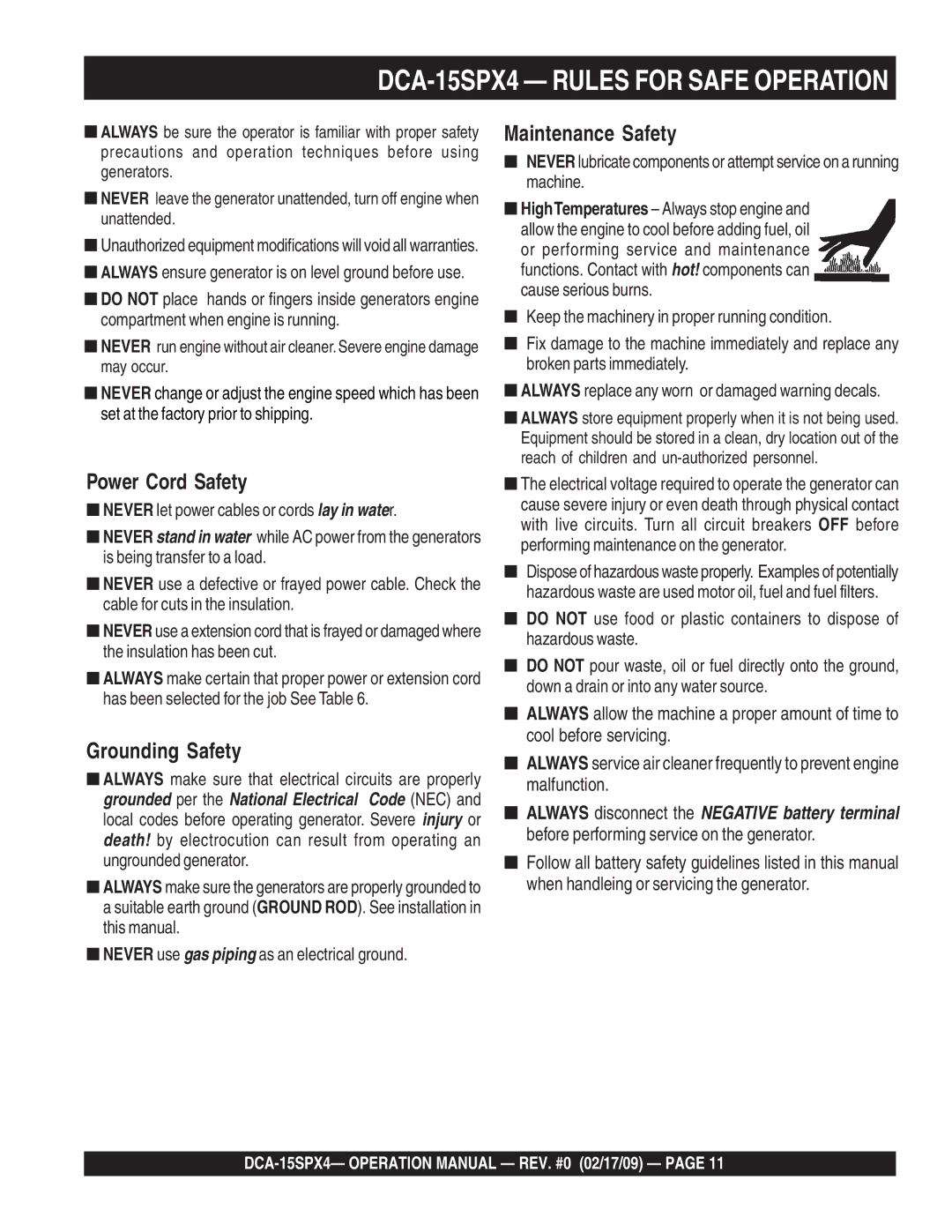 Multiquip operation manual DCA-15SPX4 Rules for Safe Operation, Maintenance Safety 