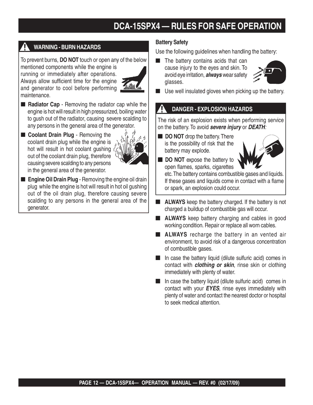 Multiquip DCA-15SPX4 operation manual Battery Safety 