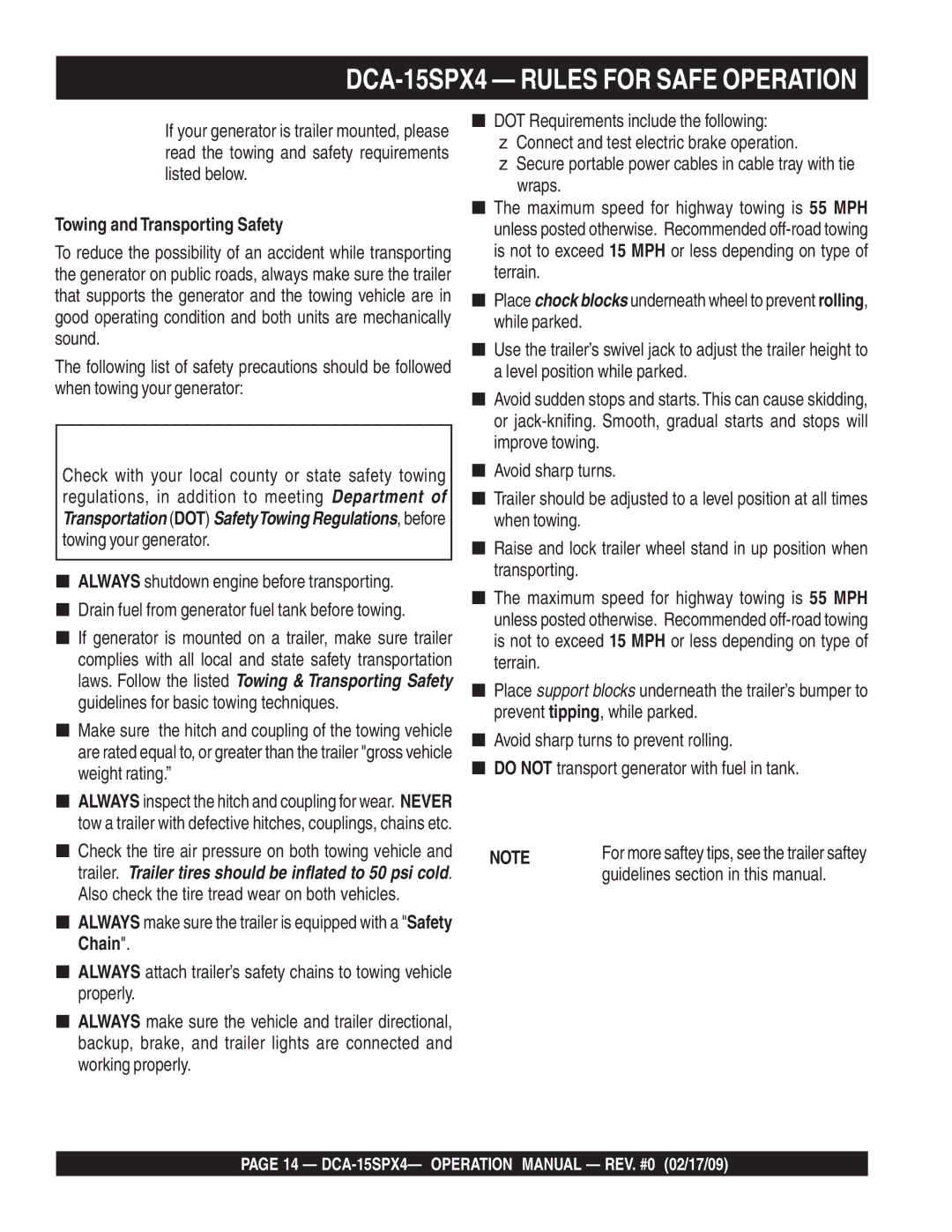 Multiquip DCA-15SPX4 operation manual Towing and Transporting Safety 