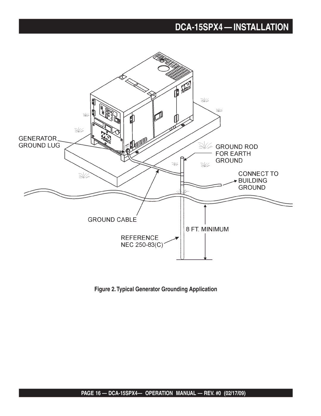 Multiquip operation manual DCA-15SPX4 Installation, Typical Generator Grounding Application 