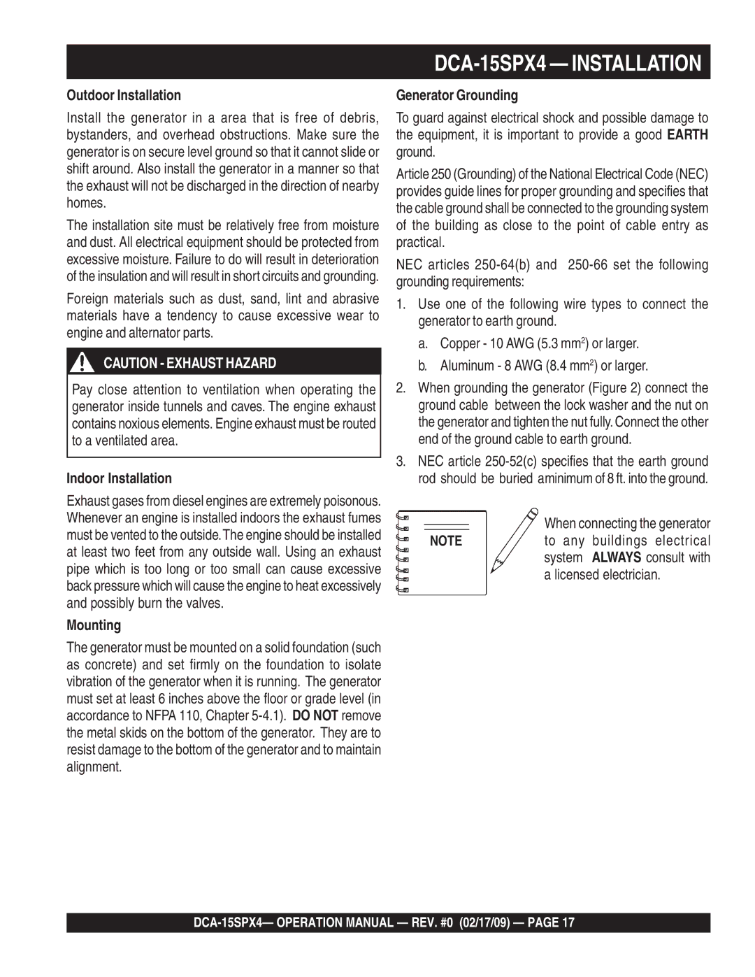 Multiquip DCA-15SPX4 operation manual Outdoor Installation, Indoor Installation, Mounting, Generator Grounding 