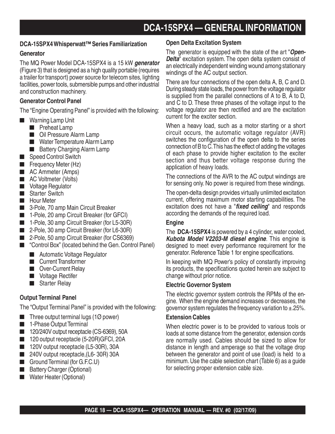 Multiquip DCA-15SPX4 Generator Control Panel, Output Terminal Panel, Open Delta Excitation System, Engine 