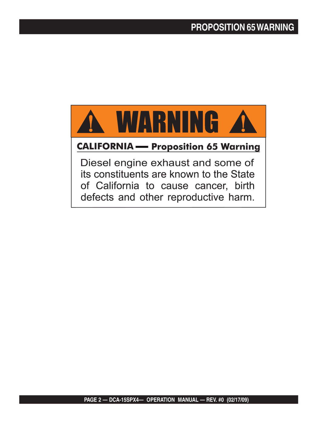 Multiquip DCA-15SPX4 operation manual Diesel engine exhaust and some, Proposition 65WARNING 